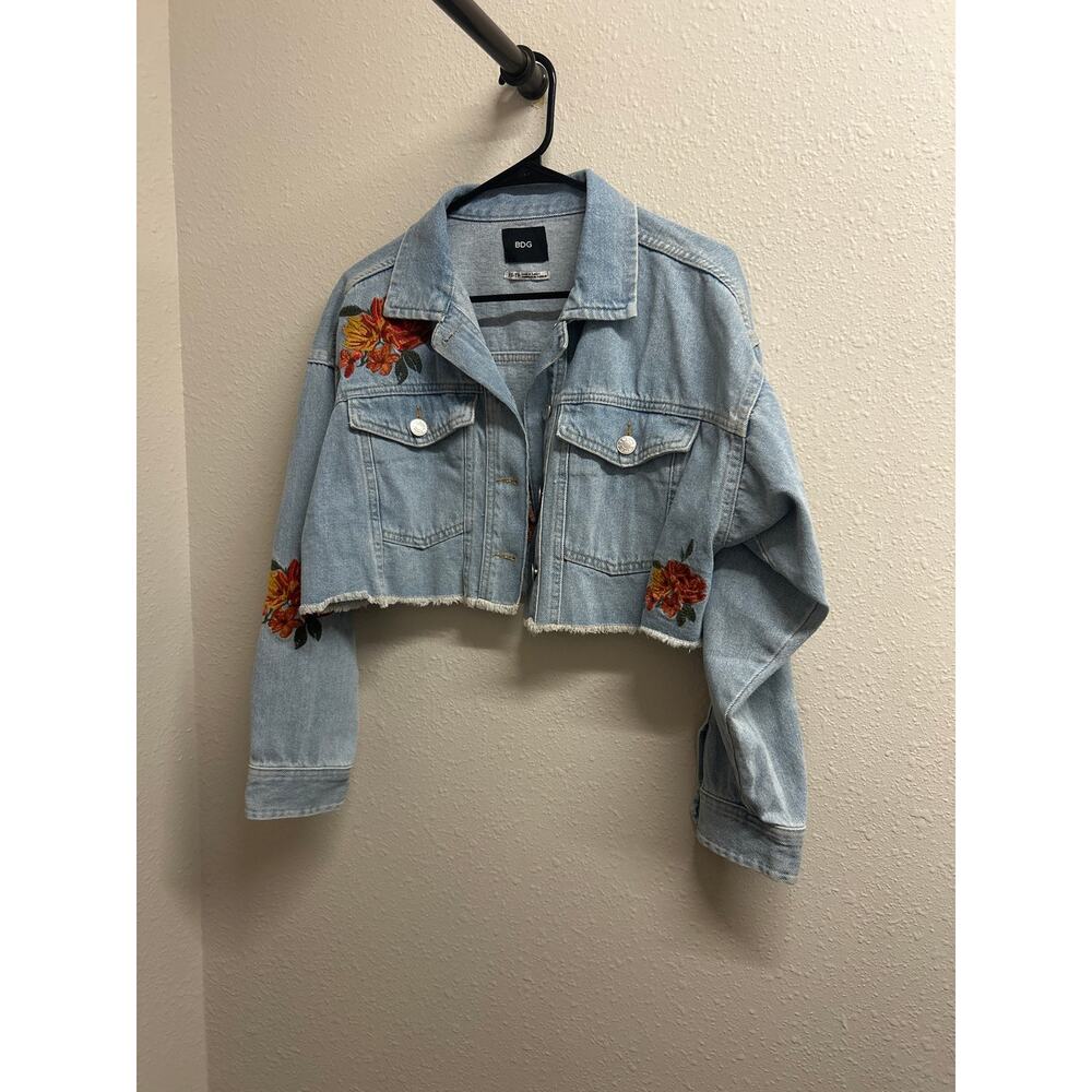 BDG urban outfitters cropped denim jacket floral embroidery jean jacket raw hem
